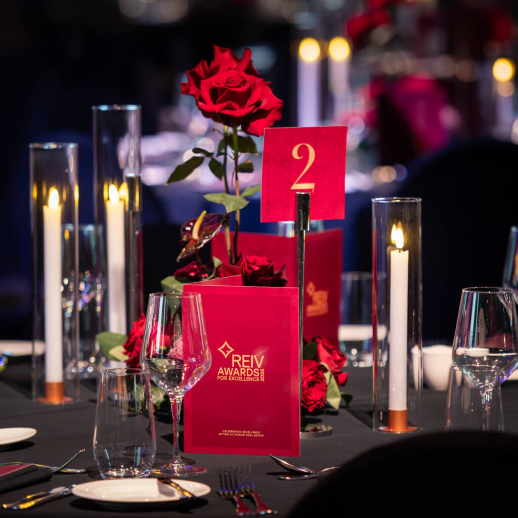 Professional event styling photography in Melbourne, captured for Carter & Ko at the REIV Gala Dinner 2025 at Crown Palladium.