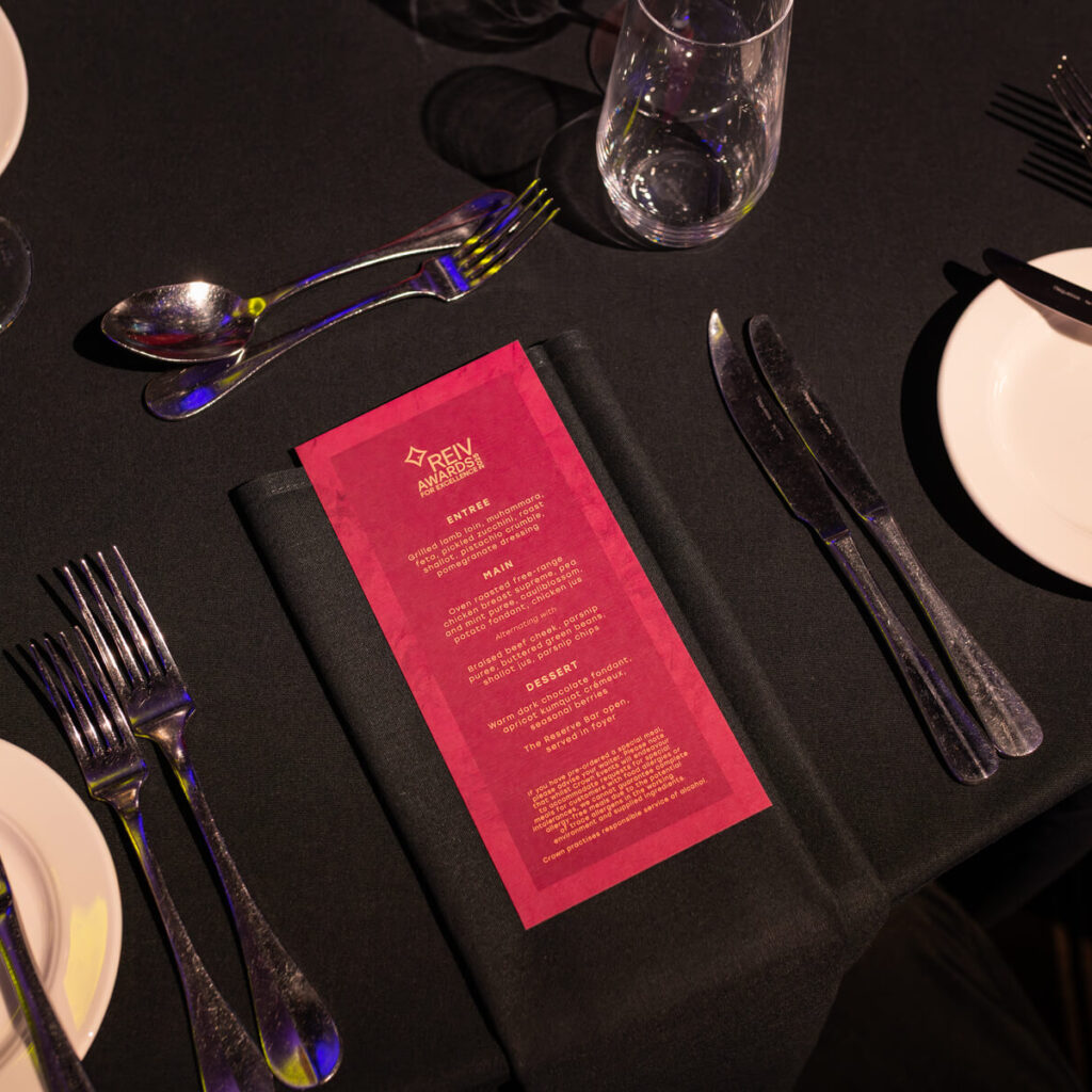 Professional event styling photography in Melbourne, captured for Carter & Ko at the REIV Gala Dinner 2025 at Crown Palladium.
