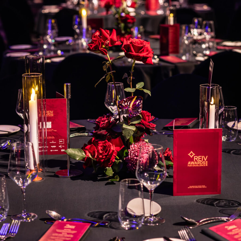 Professional event styling photography in Melbourne, captured for Carter & Ko at the REIV Gala Dinner 2025 at Crown Palladium.