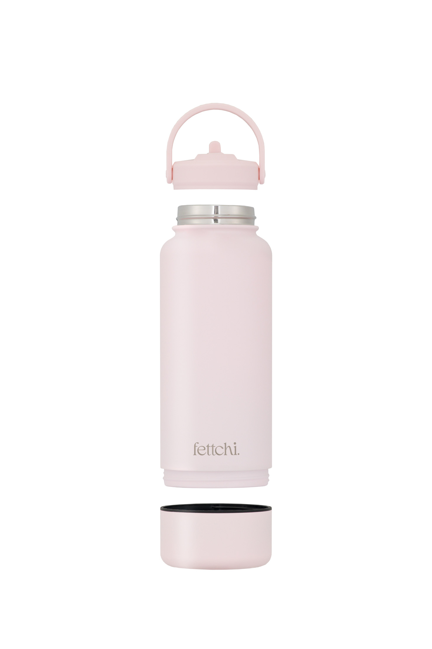 E-commerce image of Fettchi's new light pink coloured water bottle, photographed on a plain white background, in Melbourne Product Photography Studio.